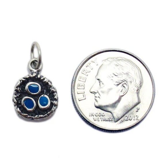 BIRDS NEST CHARM WITH BLUE ENAMEL EGGS IN STERLING SILVER. - Picture 2 of 2